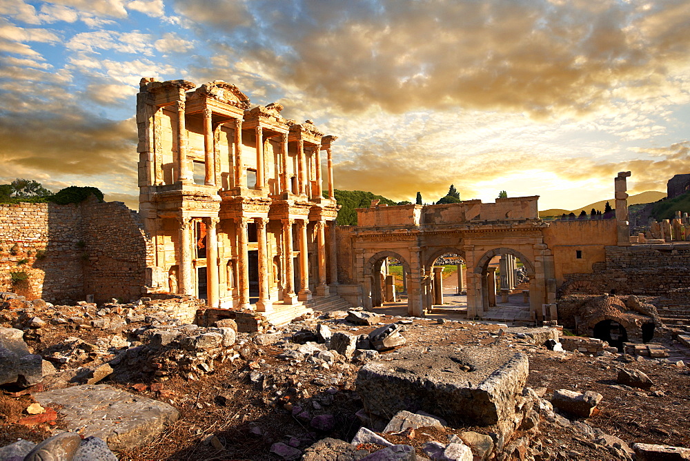 The library of Celsus at sunrise, Roman ruins of Ephesus, Turkey