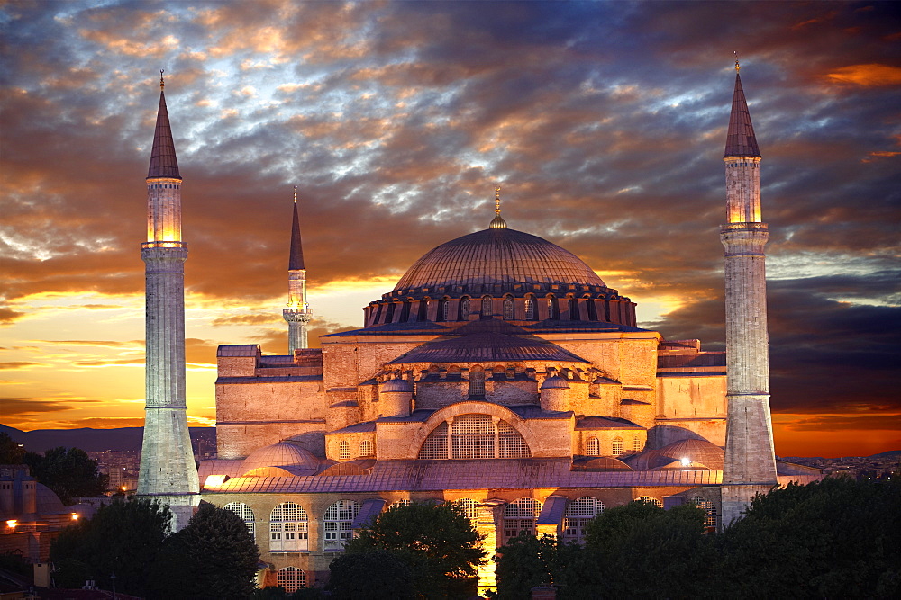 6th century Byzantine, Eastern Roman Hagia Sophia, Ayasofya, at sunset, Istanbul, Turkey