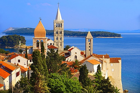 View from St John Church tower over the medieval roof tops of Rab town, Rab Island, Croatia, Europe