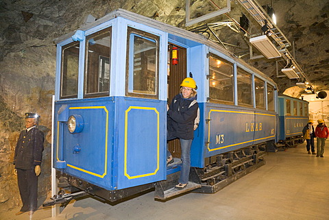 Historic tram in the mining museum in the LKAB InfoMine of the LKAB iron ore mine in Kiruna, Lappland, North Sweden, Sweden