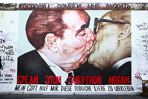 Brotherly kiss between Leonid Brezhnev and Erich Honecker, painting, mural, East Side Gallery, Berlin, Germany, Europe, PublicGround