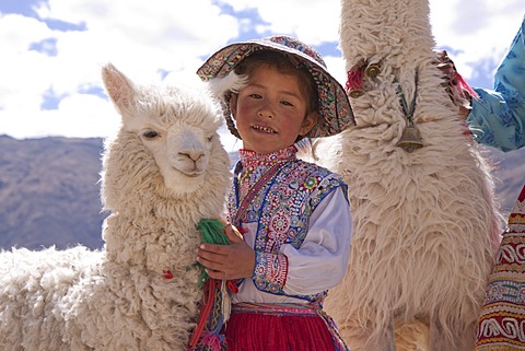 Girl with alpaca, Maca near Colca Canyon, Peru, South America