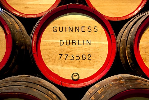 Guinness beer barrels in the museum of the Storehouse in the Guinness brewery, part of the Diageo drinks company, Dublin, Ireland, Europe