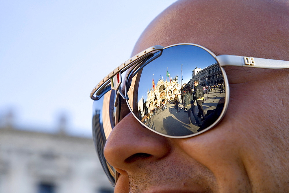 Reflection of Basilica di San Marco, St. Mark\'s Basilica, in a pair of sunglasses, Venezia, Venice, Italy, Europe