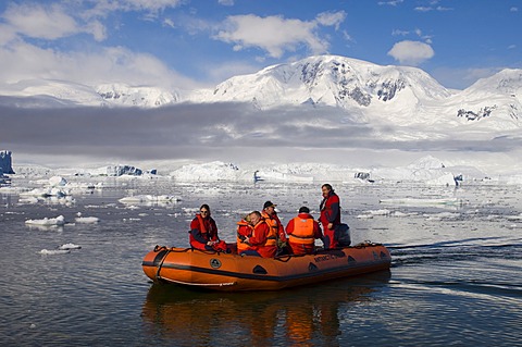 Tourists in an inflatable boat, Neko Harbor, Gerlache strait, Antarctic Peninsula, Antarctica