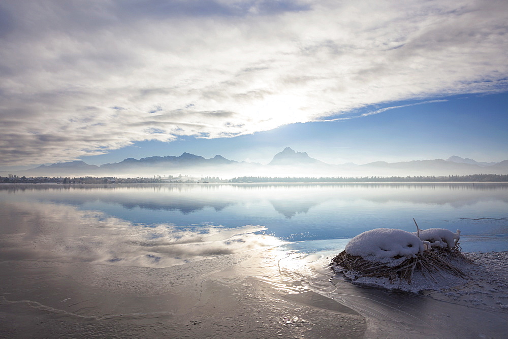 Early morning mist on lake Hopfensee in winter, Allgaeu, Bavaria, Germany, Europe, PublicGround