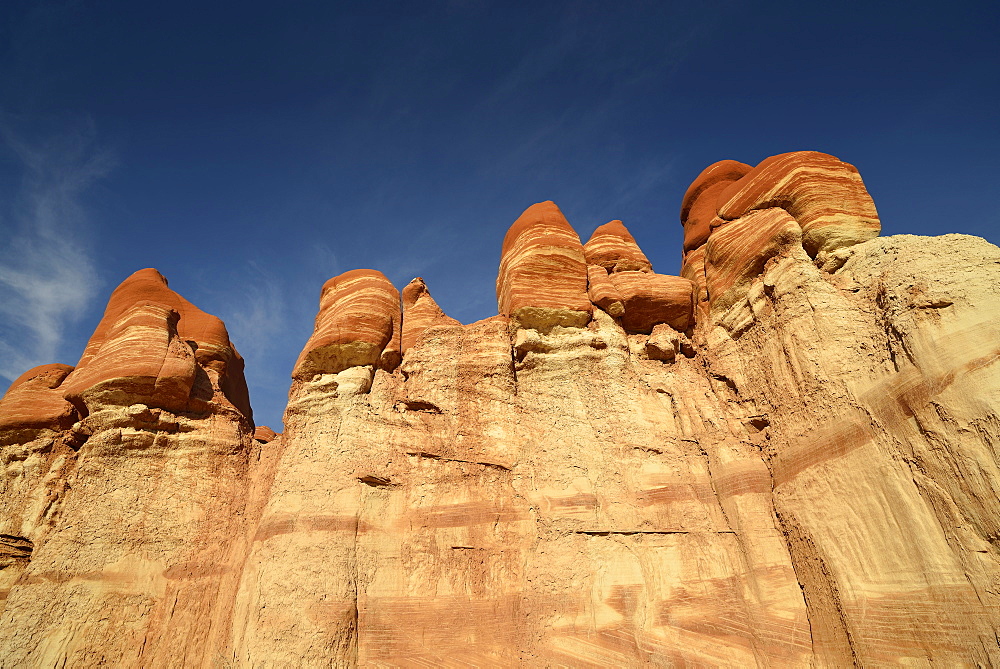 Eroded hoodoos and rock formations in Blue Mosquito Canyon discolored by minerals, Coal Mine Mesa, Painted Desert, Hopi Reservation, Navajo Nation Reservation, Arizona, Southwest, United States of America, USA