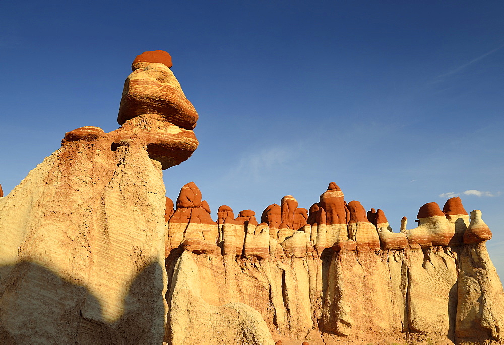 Rooster Hoodoo, eroded hoodoos and rock formations discolored by minerals, Blue Mosquito Canyon, Coal Mine Mesa, Painted Desert, Hopi Reservation, Navajo Nation Reservation, Arizona, Southwest, United States of America, USA