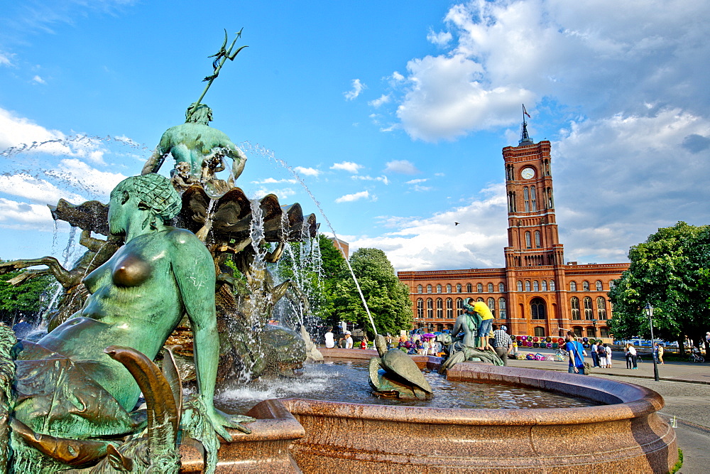 Red Town Hall and Neptune Fountain in Berlin, Germany, Europe