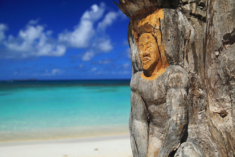 Sculpture carved into tree trunk, Pineapple Beach, Pineapple Beach, Antigua, Antigua and Barbuda, North America