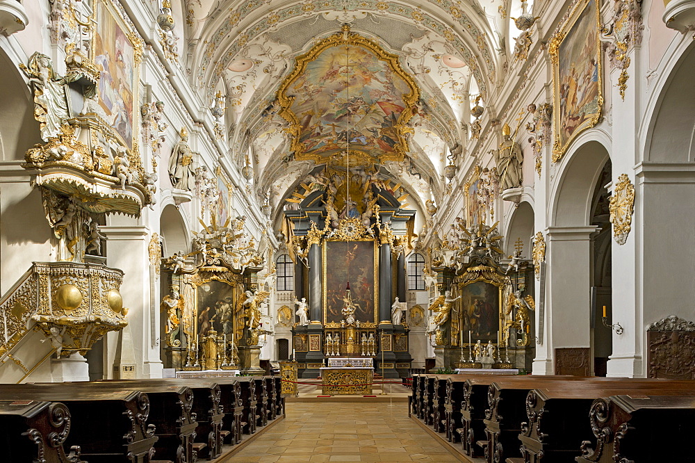 Benedictine monastery of St. Emmeram, St. Emmeram's Abbey, nave and high altar of the papal basilica with a baroque interior by the Asam brothers, Old Town of Regensburg, Upper Palatinate, Bavaria, Germany, Europe