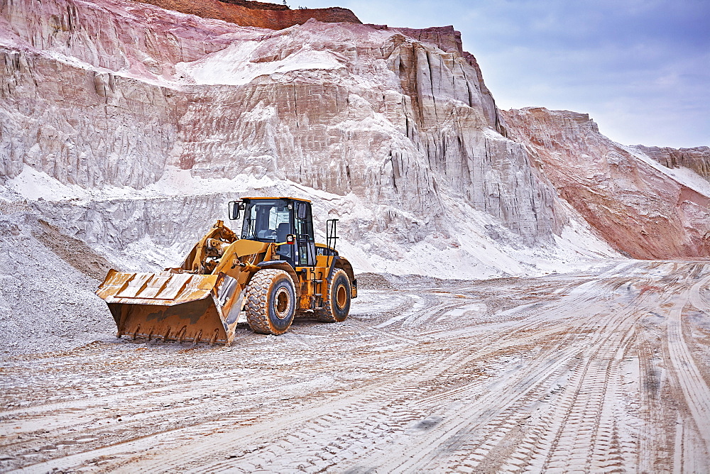 Shovel excavator in kaolin pit, mining of kaolin, Gebenbach, Bavaria, Germany, Europe