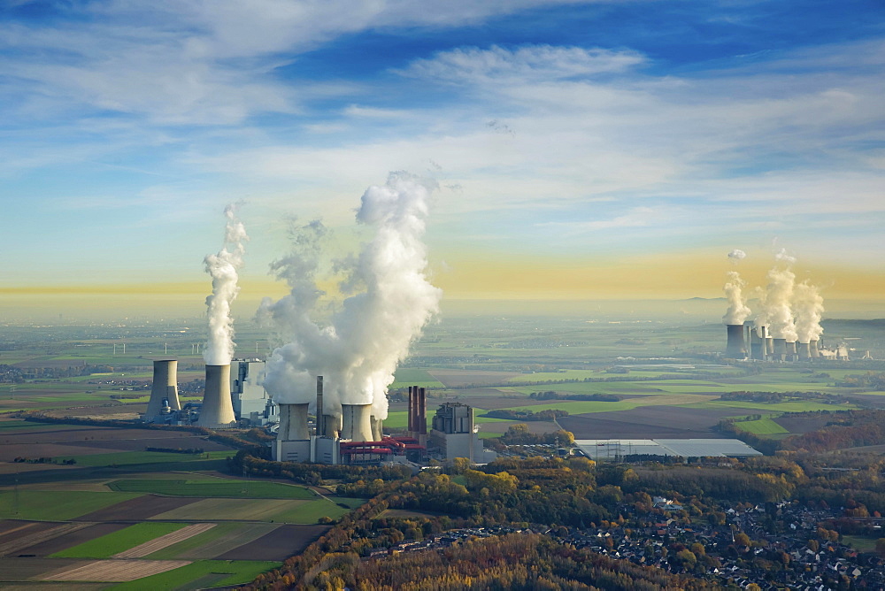 Neurath Power Station BoA and 2u3 Neurath Power Station, Niederaussem Power Station behind, RWE Power, lignite power plant, Grevenbroich, Rhineland, North Rhine-Westphalia, Germany, Europe