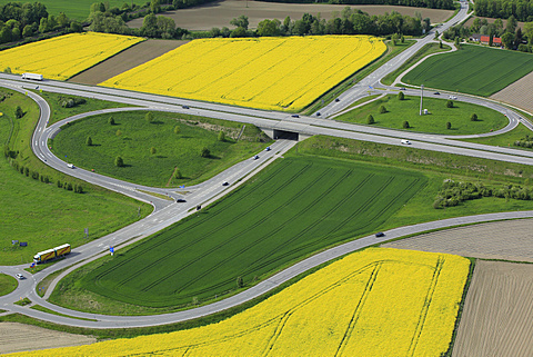 Aerial view, highway exit in agricultural landscape, A 94 motorway near MÃ¼hldorf, Upper Bavaria, Bavaria