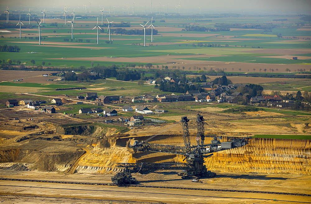 Aerial view, coal excavator in front of the destroyed Borschemich district, coal mine Garzweiler, Erkelenz, Niederrhein, North Rhine-Westphalia, Germany, Europe