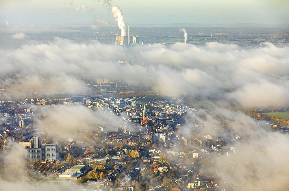 View of downtown Hamm through the low fog cover, Pauluskirche, new Lippe project Kanalkante, between Hamm-Lippewiesen airport and downtown Hamm, Datteln-Hamm Canal, Lippe, Hamm, Ruhr area, North Rhine-Westphalia, Germany, Europe