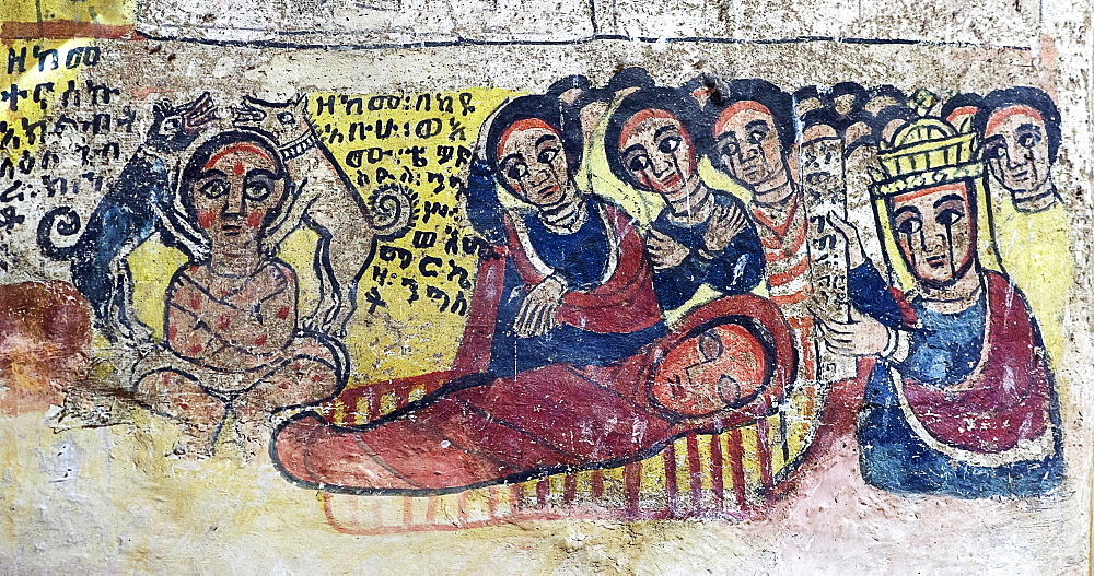 On the left, Gebre Kristos is greeted by two dogs of his father on his arrival, on the right by his parents' grief as they recognize him as their son, Canvas paintings in the Orthodox Church Abreha wa Atsbaha, Gheralta Region, Tigray, Ethiopia.