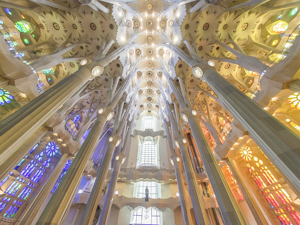 Interior view of the Sagrada Familia by Antoni Gaudi, Barcelona, Catalonia, Spain, Europe