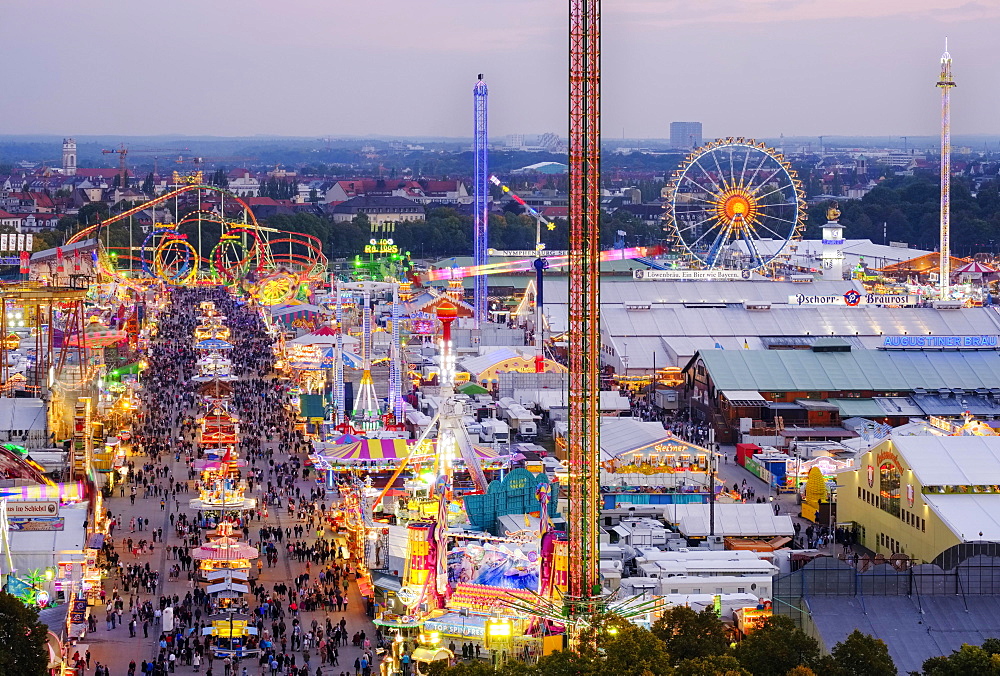 View over the Oktoberfest, Wiesn, Munich, Upper Bavaria, Bavaria, Germany, Europe