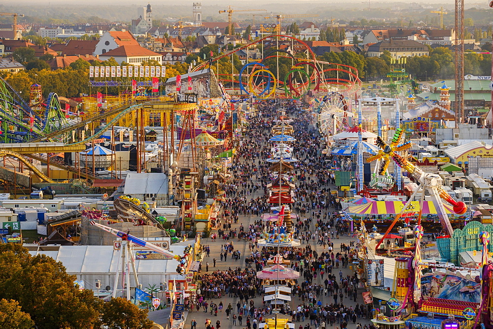 View over Schaustellerstrasse, Oktoberfest, Wiesn, Munich, Oberbayern, Bavaria, Germany, Europe