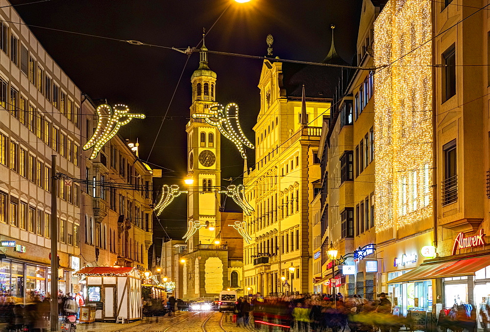 Christmas illuminated Maximilianstrasse at Christmas time, Perlach Tower and Town Hall, at night, Augsburg, Swabia, Bavaria, Germany, Europe