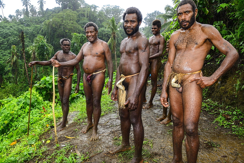 Native men at the Naghol ceremony in the village of Rangsuksuk, island of Pentecost, Vanuatu, South Sea, Oceania