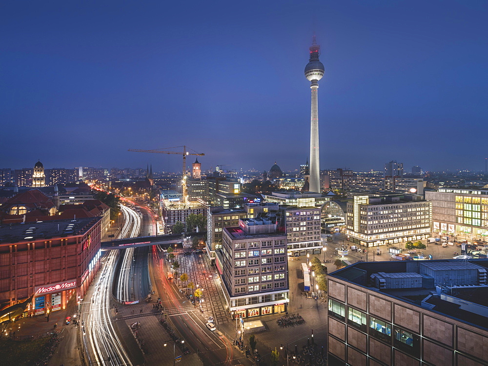 View of Alexanderplatz and Berliner Fernsehturm, blue hour, Berlin, Germany, Europe