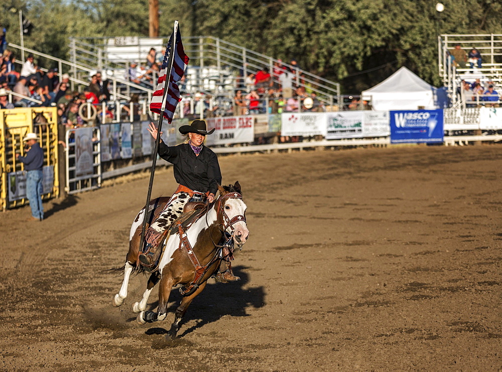 Cowgirl riding a horse, holding the flag of the United States, Fort Dalles, Oregon, USA, North America