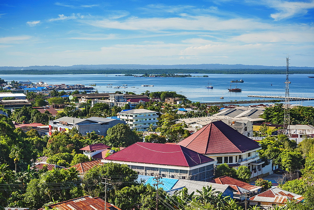 View of city with harbor, Sorong, West Papua, Western New Guinea, Indonesia, Asia