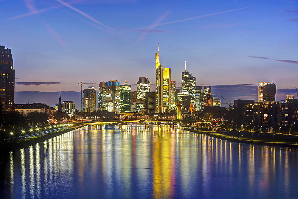 Skyline Financial District, dusk, Frankfurt on the Main, Hesse, Germany, Europe