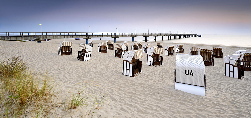 Pier and chairs on beach, morning light, Bansin, Usedom, Mecklenburg-Western Pomerania, Germany, Europe