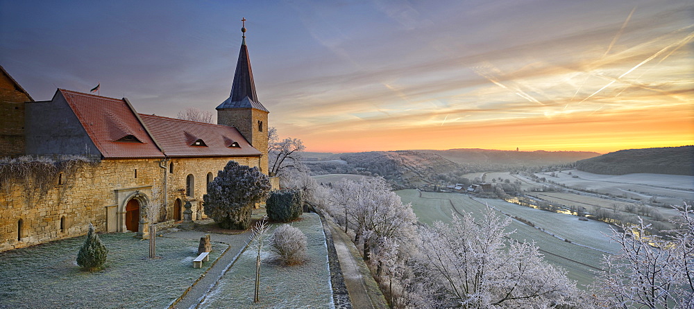 Zscheiplitz Abbey covered in hoarfrost at sunrise, with view of the Unstrut Valley, winter, Freyburg, Saxony-Anhalt, Germany, Europe