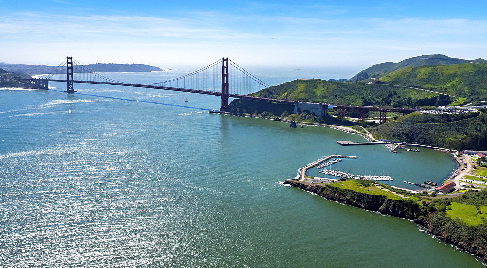 Aerial view, Golden Gate Bridge with blue sky, seen from the Bay Area, San Francisco, California, USA, North America