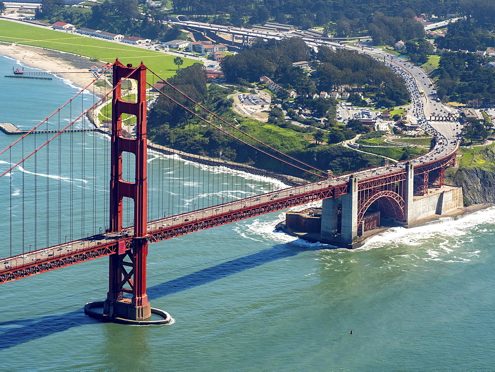 Aerial view, south side of the Golden Gate Bridge, San Francisco, San Francisco Bay Area, California, USA, North America