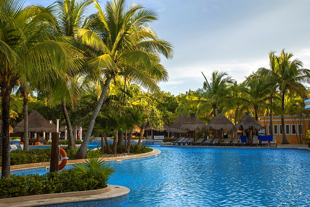 Palm trees, swimming pool, beach chairs, palm umbrellas, Iberostar Paraiso Beach resort, Playa del Carmen, Quintana Roo, Riviera Maya, Mexico, Central America