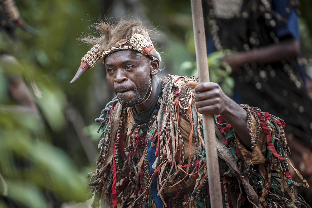 Men of the ethnic group of the Bamileke with traditional masks, Dance of Death in honor of a deceased person, Badenkop, West Region, Cameroon, Africa