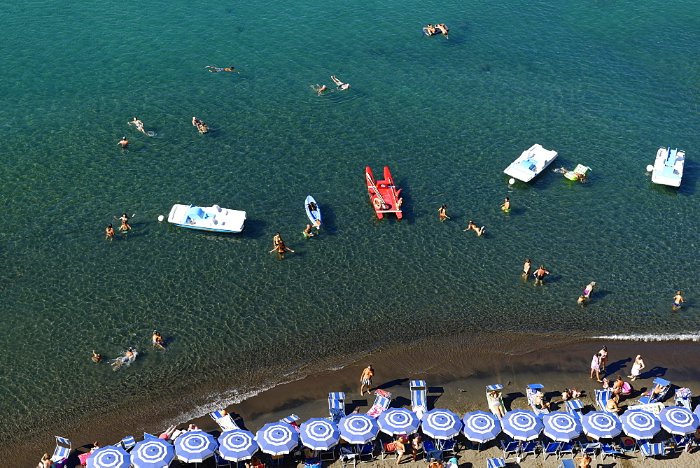 Tourists, bathers on the beach with sunshades, bird's eye view, Sorrento, Sorrentine Peninsula, Amalfi Coast, Campania, Italy, Europe