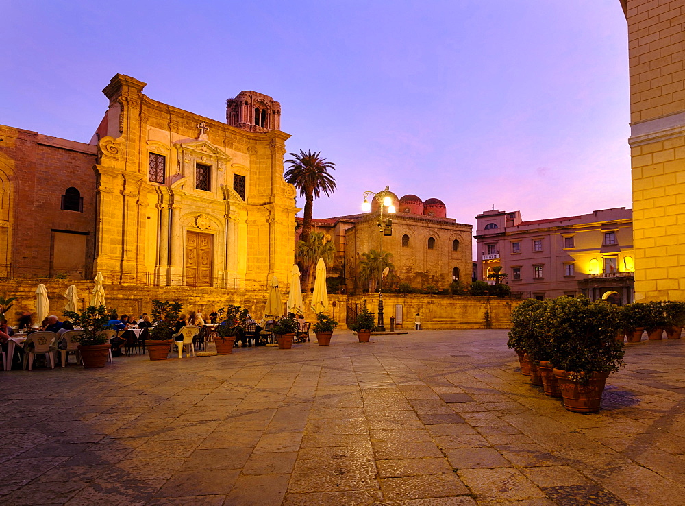 Piazza Bellini in the dusk, rear church of San Cataldo, Palermo, Sicily, Italy, Europe