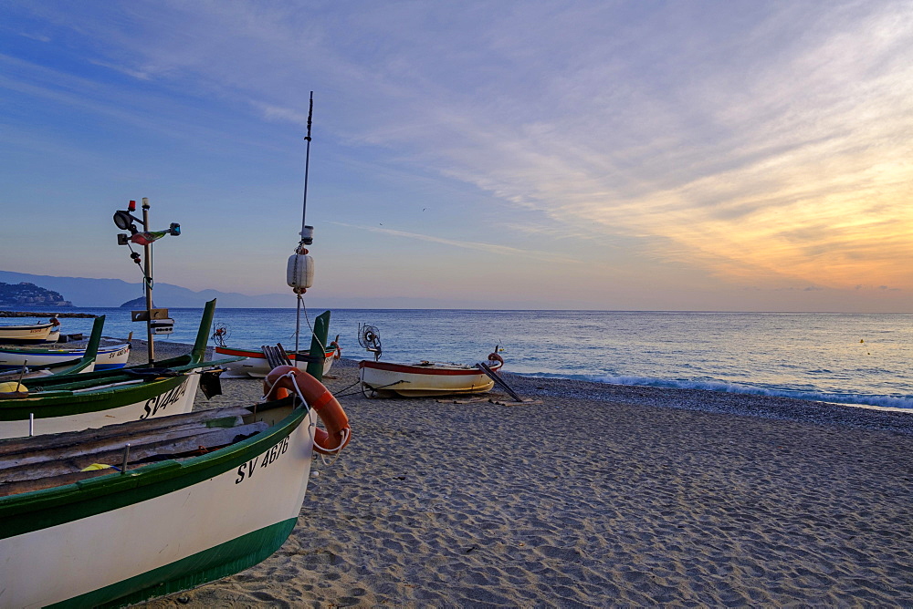 Fishing boats on the beach, sunrise, Noli, Riviera di Ponente, Liguria, Italy, Europe