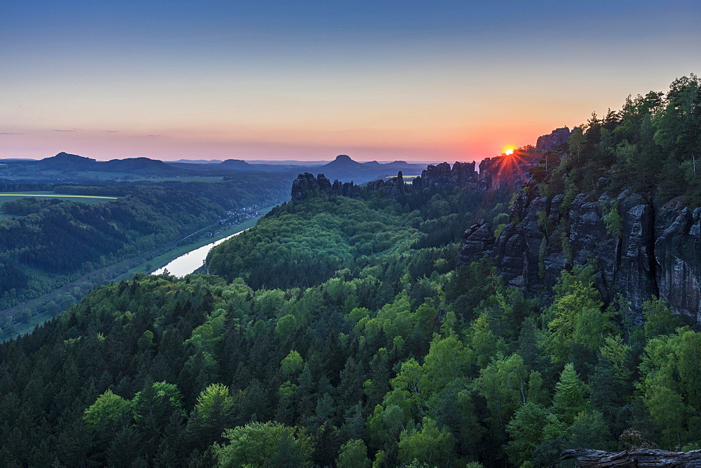 Landscape with rock formations, trees and cloudy blue sky, Saxon Switzerland National Park, River Elbe behind, Bad Schandau, Saxony, Germany, Europe