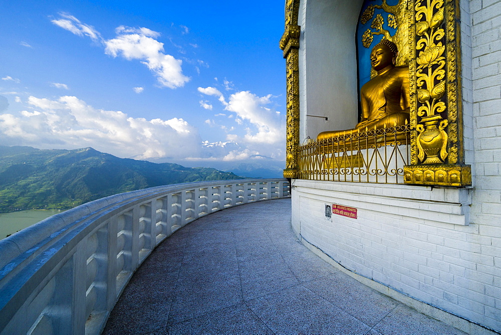 Close-up, white Shanti Stupa, on hill above Phewa Lake, Pokhara, Kaski District, Nepal, Asia