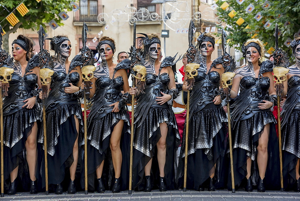 Women in historic clothing, Moors and Christians Parade, Moros y Cristianos, Jijona or Xixona, Province of Alicante, Costa Blanca, Spain, Europe