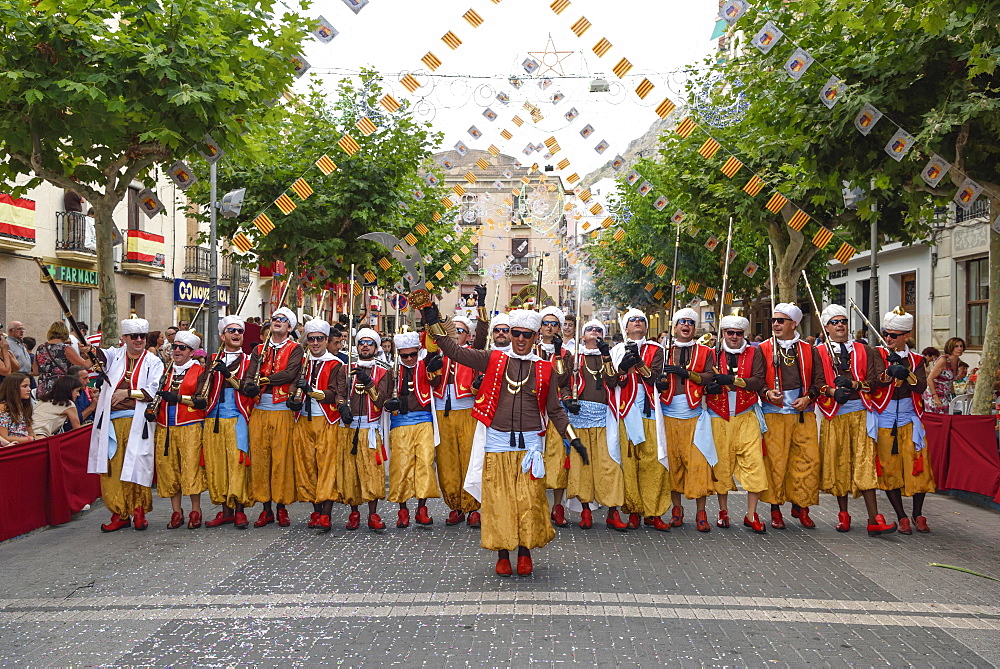 Group in traditional clothing, Moors and Christians Parade, Moros and Cristianos, Jijona or Xixona, Province of Alicante, Costa Blanca, Spain, Europe