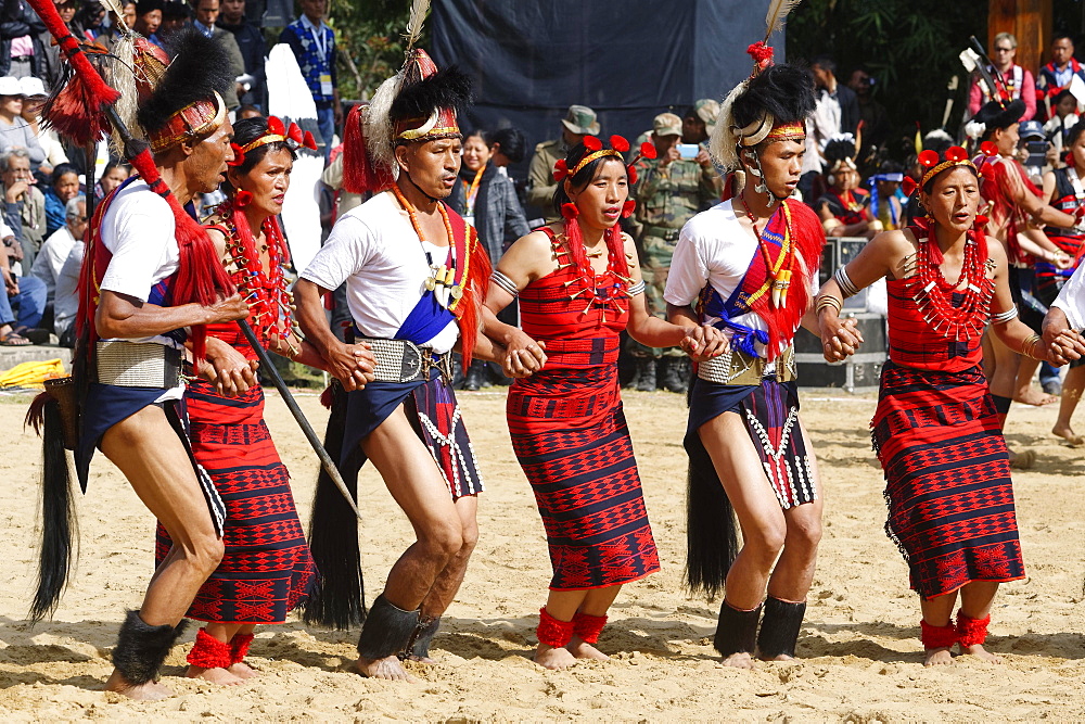 Tribal ritual dance at the Hornbill Festival, Kohima, Nagaland, India, Asia