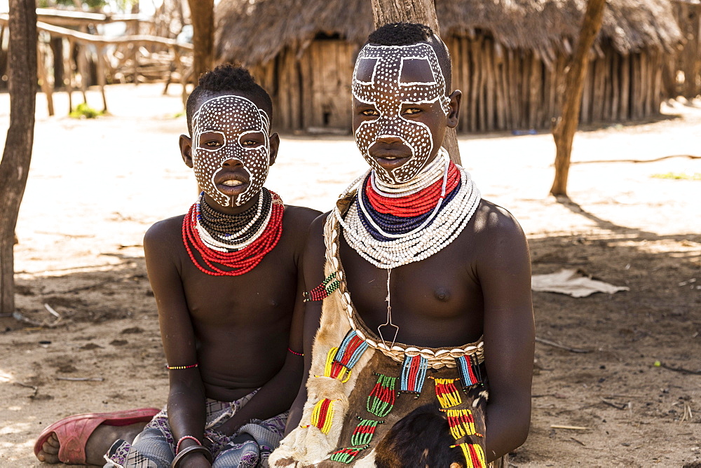 Two girls with traditional face painting, Karo tribe, Southern Nations Nationalities and Peoples' Region, Ethiopia, Africa