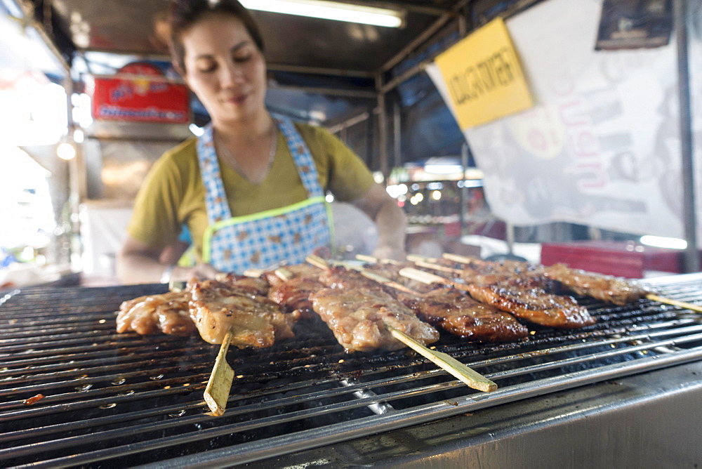 Market, meat skewers at a market stall, Krabi Town, Krabi Province, Thailand, Asia