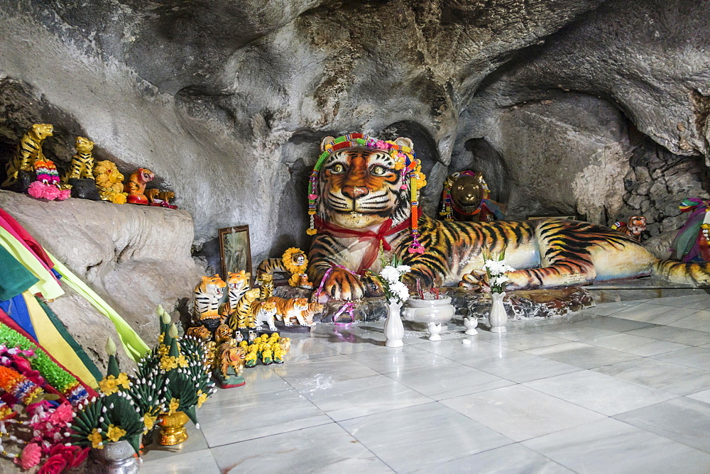 Worship of a tiger sculpture in the Tiger Cave, Tiger Cave Temple, Wat Tham Suea, Krabi Province, Thailand, Asia