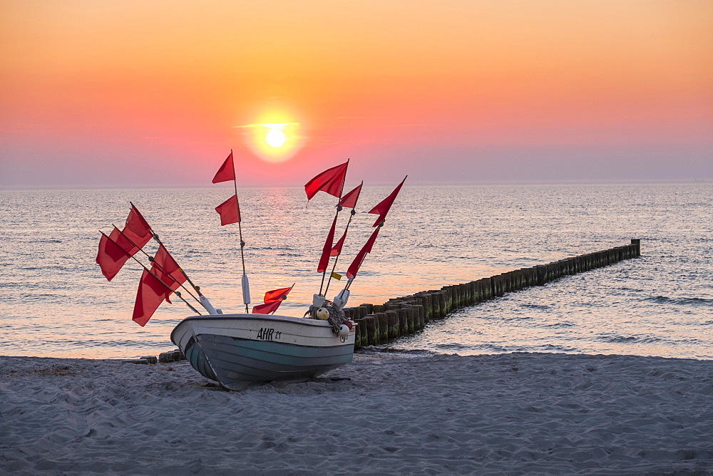 Fishing boat on the beach at sunset, Ahrenshoop, Mecklenburg-Western Pomerania, Germany, Europe