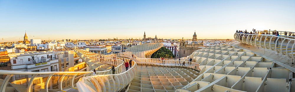 View from Metropol Parasol to numerous churches at sunset, Iglesia de la Anunciacion, La Giralda and Iglesia del Salvador, bell tower of the Cathedral of Sevilla, Catedral de Santa Maria de la Sede, Sevilla, Andalusia, Spain, Europe