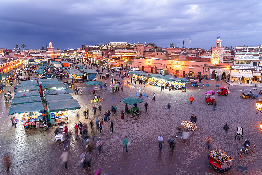 Djemaa el Fnaa market square at dusk, Marrakech, Morocco, Africa